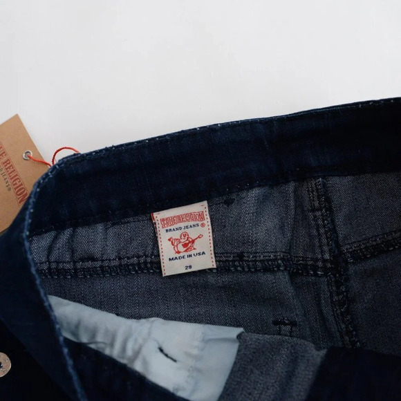 True Religion '03 Y2K Dark Wash With Leather Accent Mini Denim Low Rise Skirt 29 - Picture 8 of 13